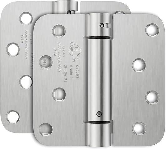 2 Pack Self Closing Door Hinges, 4 Inch Spring Loaded Door Hinges with 5/8'' Radius Corners, Adjustable Tension for Garage, Front, Back Door, UL Listed, Left and Right Hand, Brushed Nickel