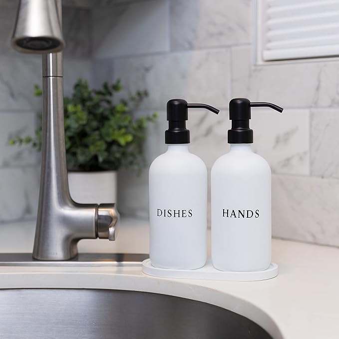 Glass Hand and Dish Soap Dispenser Set with Bamboo Tray – 16 oz Kitchen Soap Dispenser Set, Black Pumps, Silicone Funnel – Modern Farmhouse Kitchen Sink Decor and Accessories