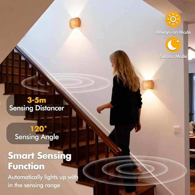 Motion Sensor Wall Lights Indoor - Rechargeable Wall Lights Up & Down, Wireless Battery Operated Wall Sconce Set of 2 for Bedroom, Hallway, Stair, Living Room Decor, Wood Cordless Magnetic Lamp Light