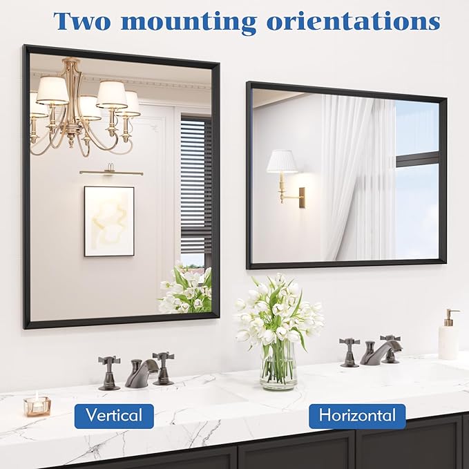 Bathroom Vanity Mirror 24x32 Inch, Matte Black Rectangle Bathroom Mirror, Anti-Rust, 4MM Tempered Glass, Wall-Mounted Mirror, Hangs Horizontally or Vertically for Bathroom & Bedroom