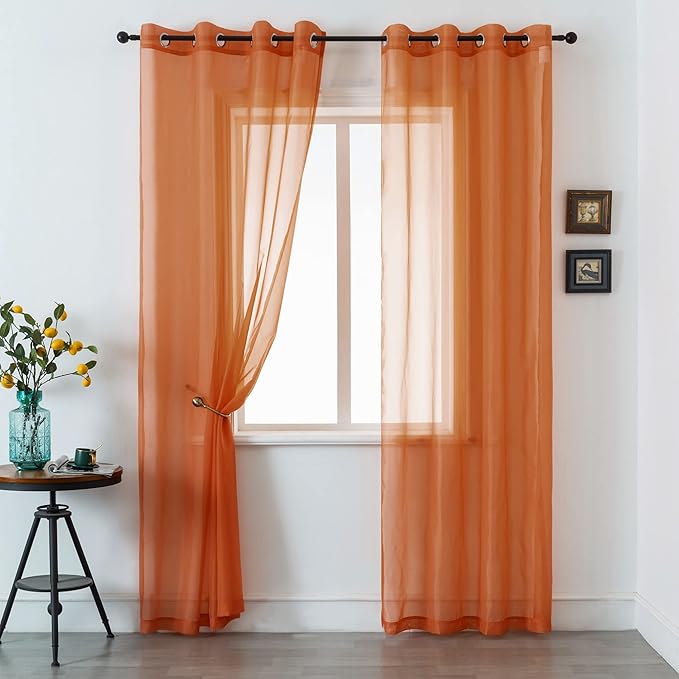 DUALIFE Burnt Orange Sheer Curtains 96 Inch Length for Bedroom 2 Panels Elegant Terracotta Grommet Top Drapes Sheer Curtain Panels for Living Room 52x96 Inches 8 FT Rust Red