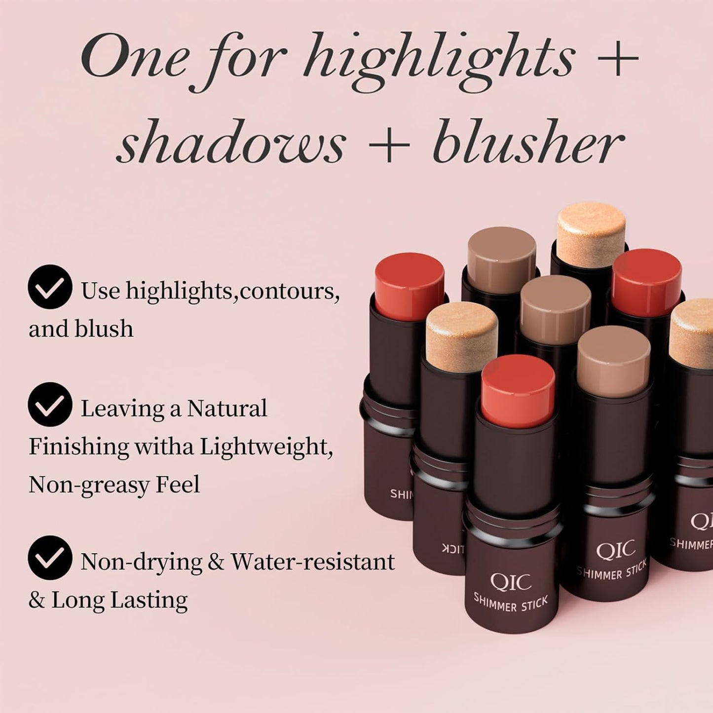 3 Pcs Contour Highlighter Stick Cream Blush for Cheeks Eyes Lips Lightweight Dewy Finish Bronzer Waterproof Long Lasting Contour Stick Trio Wand Face Makeup Set（Send brushes）