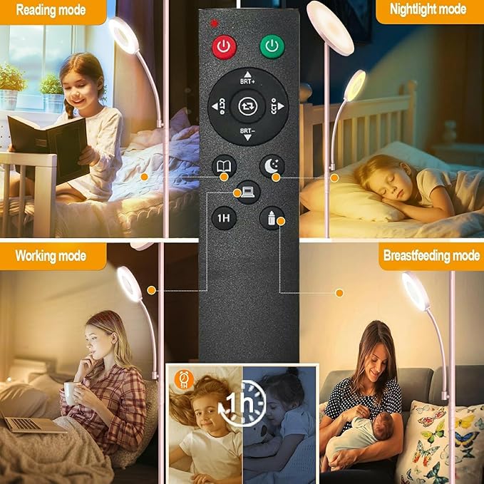 Pink Floor Lamp, 42W 4000LM Super Bright LED Room Lamp with Adjustable Reading Light,Dimmable Modern Standing Lamp with Remote & Touch Control for Room Bedroom Office Floor Light