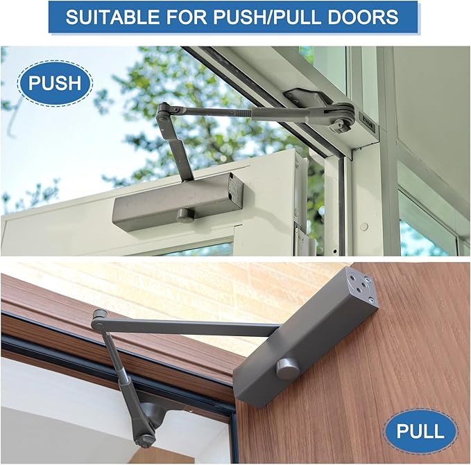 MECCANIXITY Door Closer Automatic Door Closer for 65-85kg Outdoor Internal Metal Wooden Doors,90D Medium Duty Spring Hydraulic Auto Door-Closer Automatic Adjustable Closer(Silver,Aluminum)