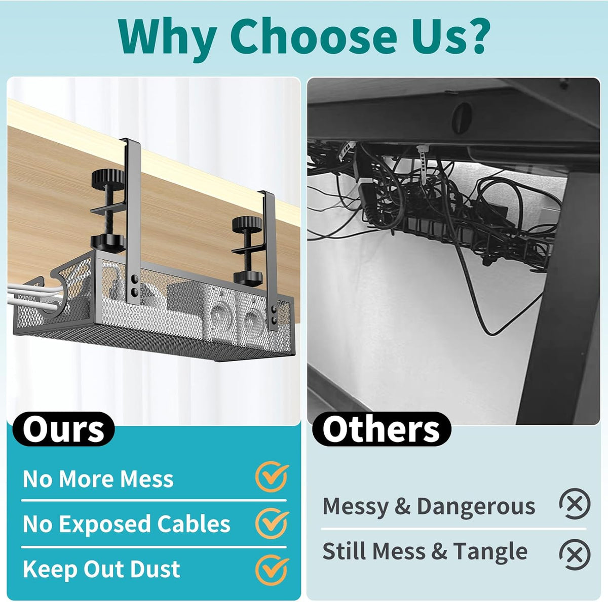Under Desk Cable Management Tray Black, No Drill Organizer With Clamp for Wire Management, PC Cord Accessories & Workspace Organizers for Office, Home