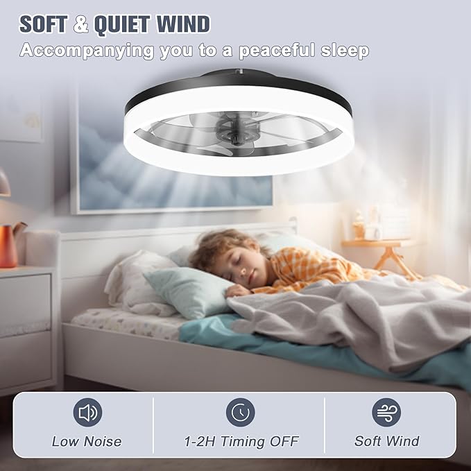 VOLISUN Low Profile Ceiling Fans with Lights and Remote, Fandelier Ceiling Fan Flush Mount, 3000K-6500K Smart Bladeless LED Fan Light, Black Modern Ceiling Fans with Lights for Bedroom