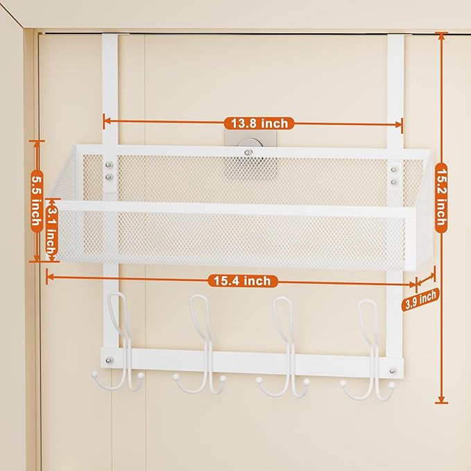 Over The Door Hooks Organizer, Back of Door Organizer with 12 Coat Hooks & Mesh Baskets Over The Door Towel Rack Door Hanger Storage Rack for Bathroom,Kitchen,Bedroom(White)
