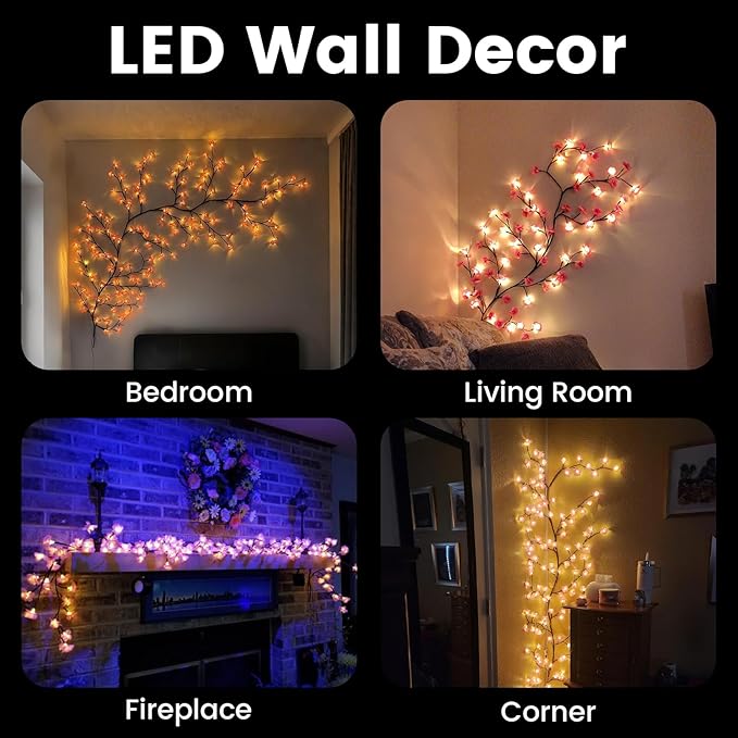 LED Tree Branch Lights for Wall 5.25FT 72LEDs Cherry Blossom Lights with Remote and 8 Lighting Modes Cherry Blossom Garland Willow Vine Light for Bedroom Indoor Wall Wedding Christmas Decor
