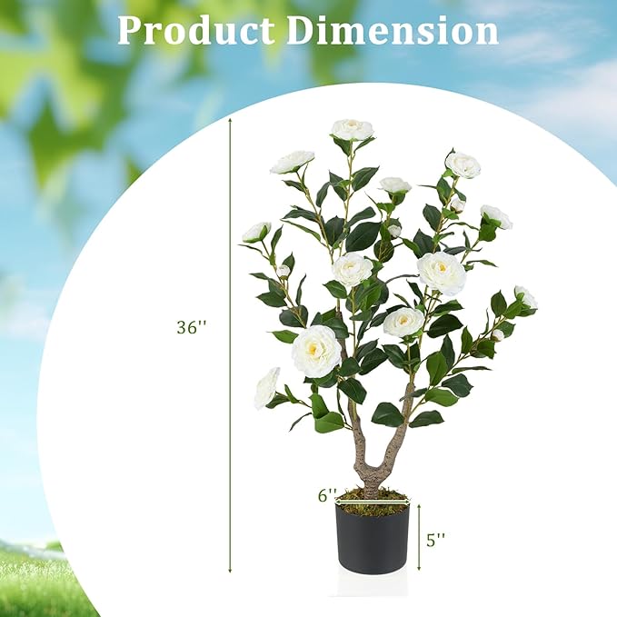 GOFLAME 3FT Artificial Camellia Tree, Faux Camellia Plant with White Flowers, Solid Wood Trunk, Realistic Moss, Greenery Potted Decoration Tree for Indoor Outdoor Home Porch Front Door
