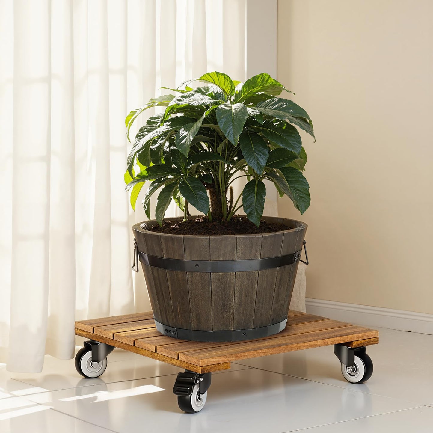 2pack Wood Plant Caddy With Wheels Heavy Duty, 264 Lbs Capacity, Upgraded 12 Inch Acacia Hardwood Plant Dolly, Plant Stand with 360° Lockable Wheels, Plant Caster for Heavy Objects Hauling - Natural Wood