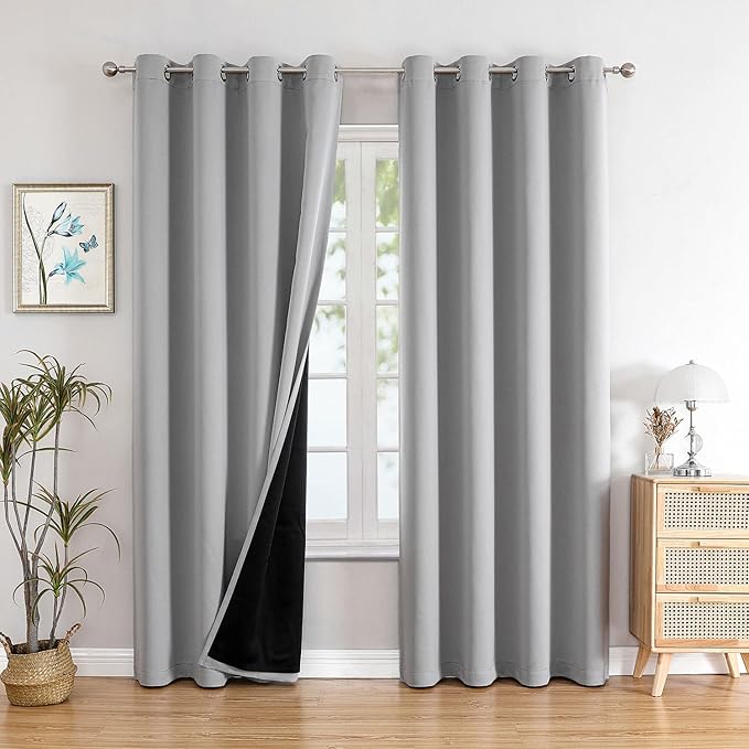 ChrisDowa 100% Blackout Curtains 102 inch Long for Bedroom with Black Liner, 2 Thick Layers Total Blackout Thermal Insulated Grommet Window Curtains 2 Panels Set (Light Grey, 52 x 102 Inch)