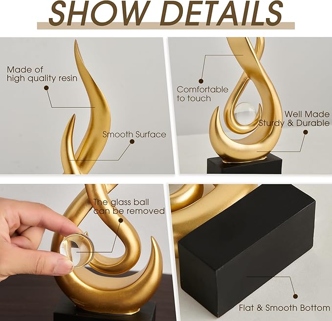 Gold Flame Statue Decor for Living Room, 13.7" H Modern Minimalist Sculptures Home Decorations for Dining Room, Abstract Art Sculpture for Shelf Coffee Table Centerpiece