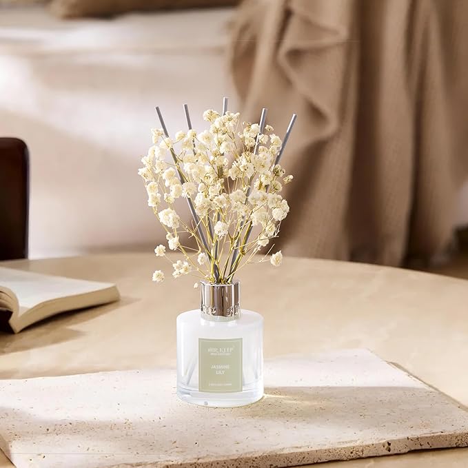 Airkeep Reed Diffuser Set, 3.38 fl oz (100 ml) - Jasmine Lily Lemon Oil Diffusers with 8 Reed Sticks, Home Fragrance Reed Diffuser for Bathroom Shelf Decor