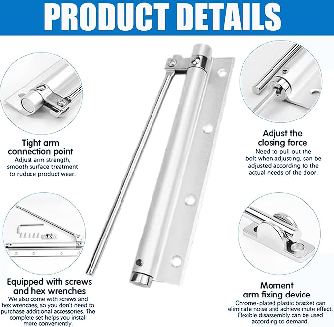 Automatic Door Self-Closing Hinge, Automatic Door Closer, Safety Spring Door Closer,Adjustable Catch Speed Closure,Top Latch Soft Close,Easy to Install,Stainless Steel with Force Arm,Screws and Wrench