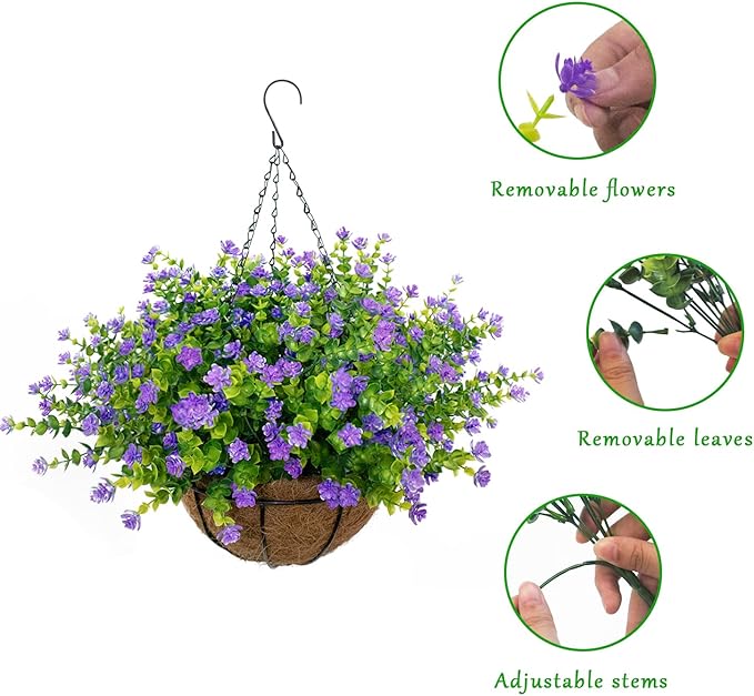 Artificial Hanging Flowers Basket, 12 UV-Resistant Bundles of Realistic Fake Flowers, Faux Plants for Outdoor Decor, Home, Garden, Porch, Patio, Spring & Summer Decorations, Purple