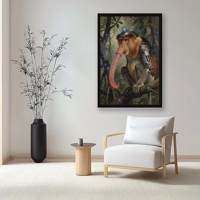 Framed Steampunk Mechanical Proboscis Monkey Wall Art - Jungle Neon Retro Poster for Apartment Leisure Area Decor 24x36in