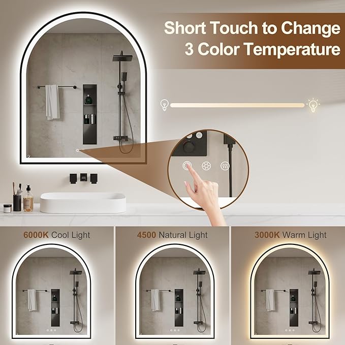Arched LED Mirror for Bathroom 30"x36", Black LED Bathroom Mirror with Lights-Fogless, Dimmable, 3 Color Changing, Shatterproof, Touch Sensor