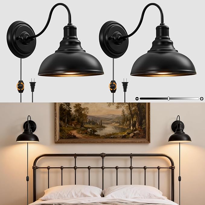 Lightess Plug in Wall Sconces, Farmhouse Sconce with Dimmer, Black Barn Wall Light Fixture with Dimmable Switch on The Cord, Industrial Gooseneck Wall Lamp, Set of Two