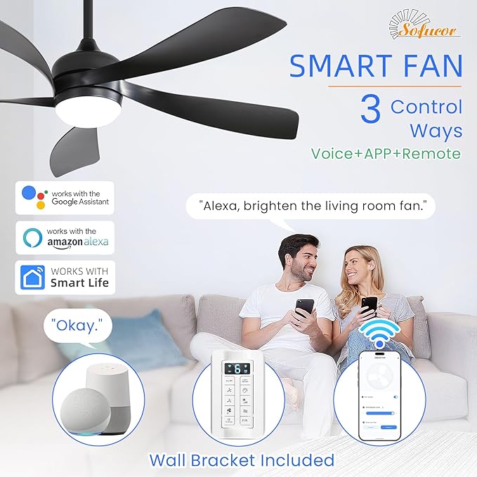 Sofucor 52" Smart Ceiling Fan, Indoor/Outdoor Ceiling Fans with Lights and Remote, Compatible with Alexa/Google/App, 3-Color Light 6-Speed Timing Reversible DC Motor for Bedroom Living Room Patio