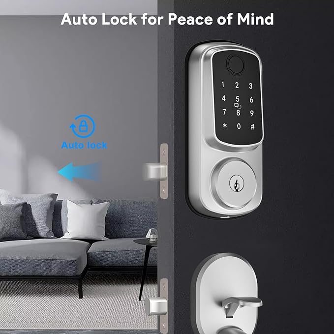 Keyless Entry Door Lock with Handle Set, Keyless Entry Deadbolt with Handle Set, Smart Locks for Front Door Alexa Fingerprint Auto Lock,Silver