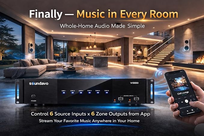 WS66i 6 Zone Amplifier with Wall Keypads – 100W per Zone Whole House Audio System, 6 Source x 6 Zone App & in-Wall Keypad Controlled Multi-Room Amplifier, AirPlay, Spotify Connect