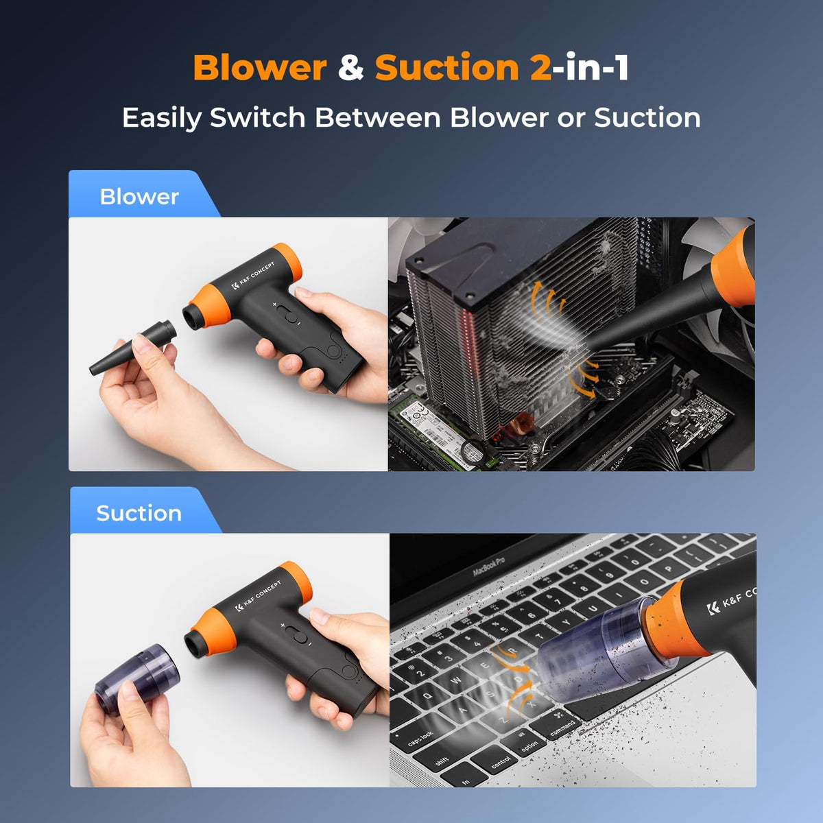 K&F Concept Blower & Suction 2 in 1 Compressed Air Duster, 150000RPM Super Power Electric Air Duster, Stepless Speed Regulation, Portable Dust Blower for Computer, Keyboard, House, Outdoor and Car
