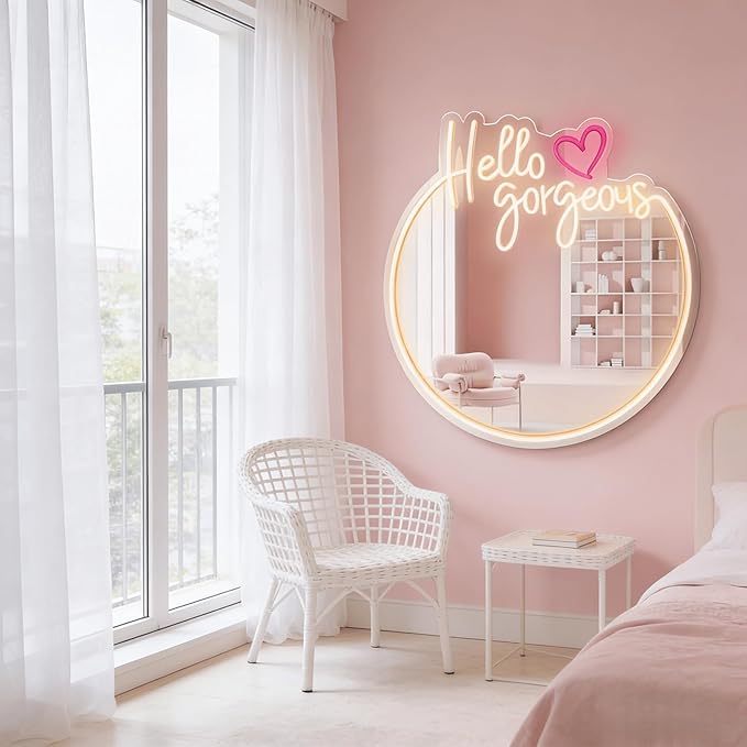 Hello Kit Mirror with Light Neon Signs for Room Decor, USB Powered Cute Cat LED Lights, Teen Girl Best Gift, Makeup Mirror Neon Sign Wall Decor (Yellow)