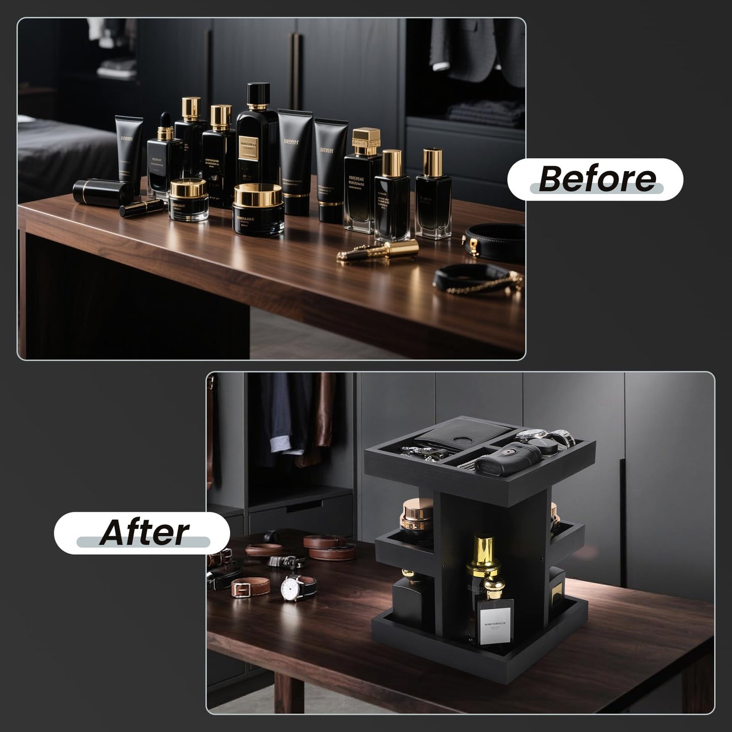 EXIN DECHEN Cologne Organizer for Men,Cologne Stand,3 Tier Large Capacity Wood Perfume Shelf with Rotate,Desk & Nightstand Organizer,Mens Husband Birthday Gifts Ideas,Gifts for Men(Black)