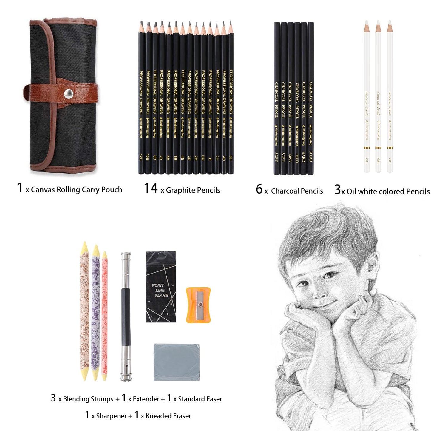 Heshengping 31 Drawing Sketching Pencils Kit, Portable Artist Supples Travel Case Set has Graphite, Charcoal, white color pencil, Blending Stump, gift for Adults Beginners for Drawing Sketch