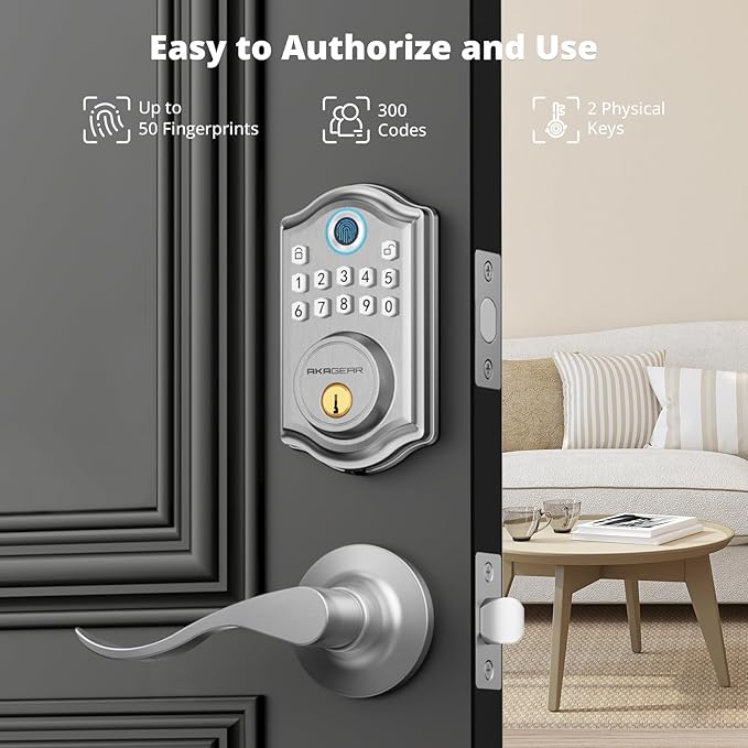 DS10 Keyless Entry Door Lock with 2 Lever Handle, Fingerprint, Keypad Code, 2 Keys, Smart Locks for Front Door, Bedroom, One-time Code, Auto-Lock, Easy Installation - Satin Nickel