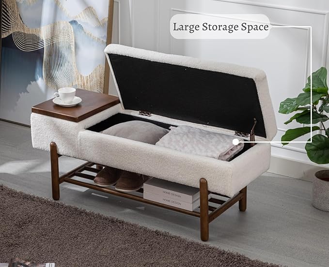EALSON Modern Storage Bench for Bedroom End of Bed Sherpa Upholstered Ottoman Bench with Storage and Wood Shoe Rack Farmhouse Long Seating Bench for Entryway/Hallway/Closet, Beige