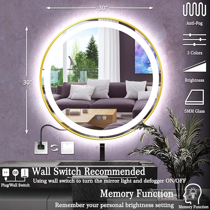 30 Inch Gold Round Vanity Mirror with Lights Gold Frame Circle Lighted Mirror for Bathroom Salon Wall 30" Golden Circle Round LED Light up Mirrors Smart Touch Memory 3 Color Dimmable AntiFog