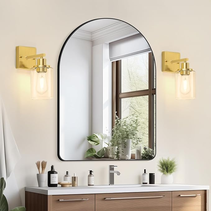Licperron Gold Wall Sconces Set of 2, Bathroom Sconces Wall Lighting with Clear Glass Shade, Modern Brushed Glod Vanity Wall Light Fixtures for Bedroom, Mirror, Living Room, Hallway, E26 Base