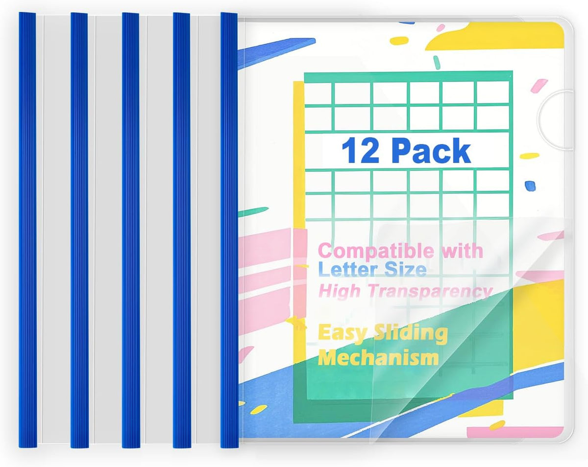 TOTiyea 12 Pack Clear Report Covers with Sliding Bars, 5mm (25 Sheet Capacity) Blue Sliding Bar File Folders, for Letter Size