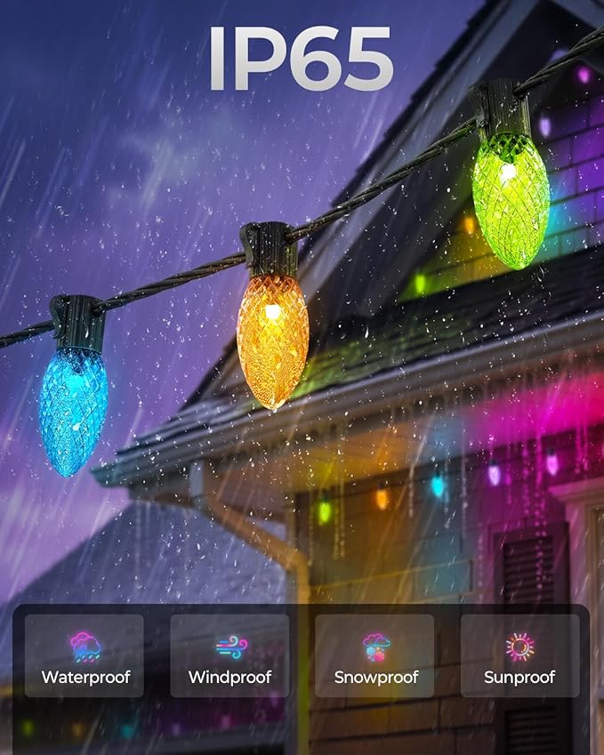 YAYZA! Smart C9 Christmas Lights Outdoor, 200 LED 130 FT RGB C9 String Lights with APP & Remote Control, 105 Modes, Music Sync, Connectable Waterproof Christmas Lights for Roofline Patio Xmas Decor