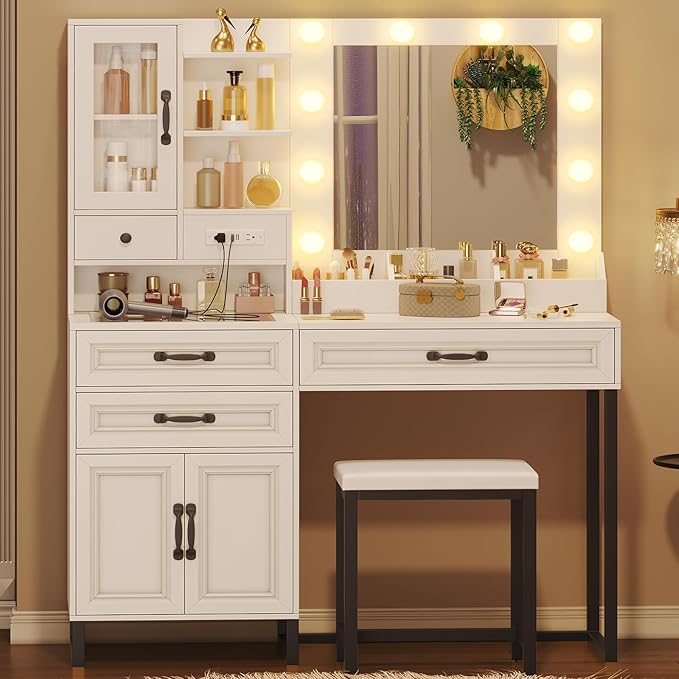 BTHFST Makeup Vanity Desk with Mirror and Lights & Charging Station & Makeup Stool, Vanity Table Set with Glass Top Storage Drawer & Beach & 3 Shelves for Bedroom (Modern White & Black)