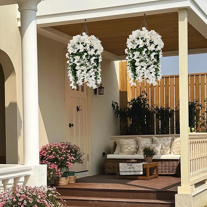 Artificial Bougainvillea Flowers for Outdoor Plant,2 pcs Faux Hanging Flowers Bougainvillea for Outside Decoration,Fake Silk UV Resistant Vines for Front Door Porch(White)