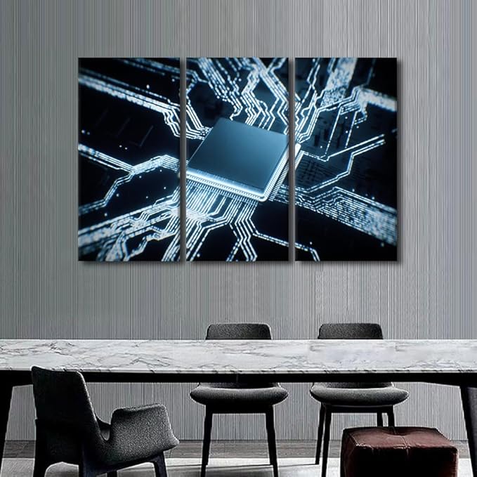 3 Pieces Semiconductor Chip Wall Art Canvas Prints for Wall Decor Chip Artwork for Home Walls Circuit Boards Paintings Modern Office Room Wall Decor Stretched and Framed Ready to Hang, 60"Wx40"H