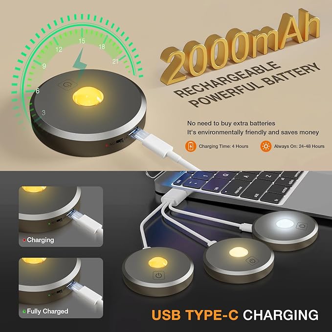 Puck Lights with Remote Control, Rechargeable Wireless Under Cabinet Lighting, 5 Pcs (Dark Grey) - Tap Push Touch Lights for Counter, Shelf, Bookcase