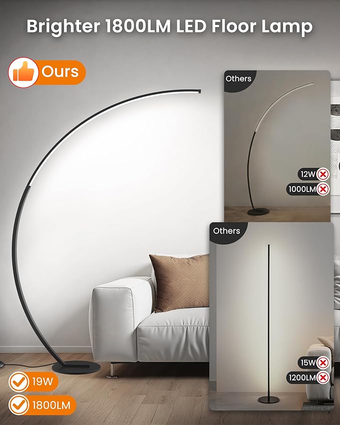 75 inch Dimmable LED Arc Floor Lamp for Living Room with Foot and Remote Control, 3 Color Temperatures, 3000K-6000K Whites, LED Corner Lamp, Modern Standing Tall Lamp for Bedroom B62LD05