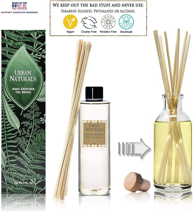 Urban Naturals Spiced Chestnut Oil Reed Diffuser Refill with Free Set of Reed Sticks – Comforting Autumn Scent of Chestnuts, Cinnamon, Clove and Cedar Wood – Vegan, 4 oz, Made in the USA
