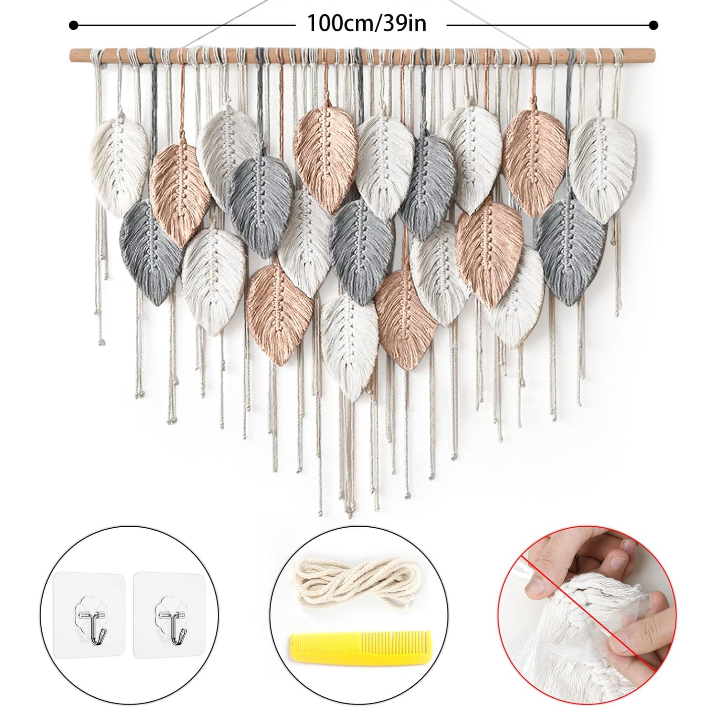 Alynsehom Large Macrame Wall Hanging, Boho Woven Tapestry, Chic Modern Bohemian Handmade Leaf Feather Wall Art Home Decor for Apartment Dorm Living Room Bedroom Nursery Backdrop (39" W X 29.5"" L)"