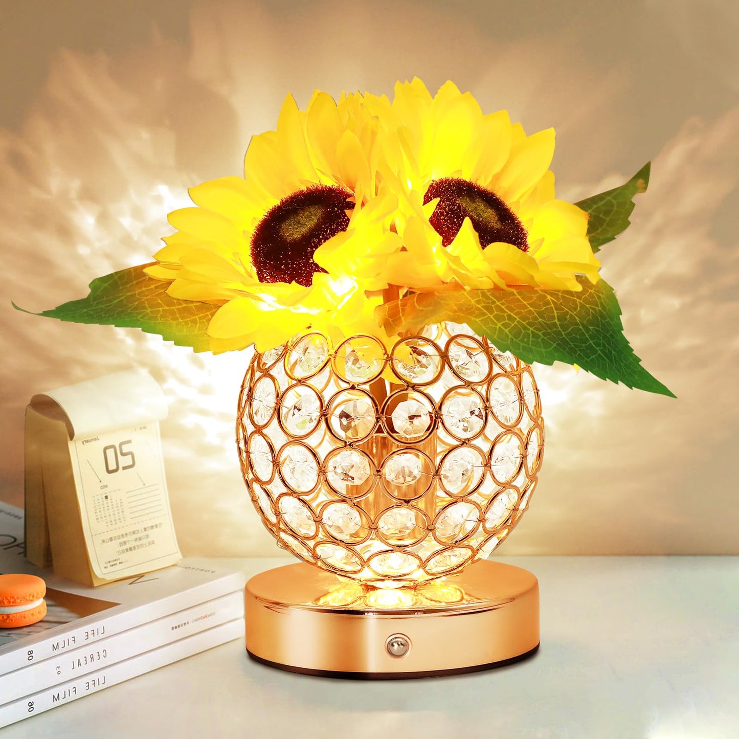 AMWGIMI Sunflower Gifts for Women,Sunflower Flower Home Decor Touch Table Lamp,3-Colour Dimming Rechargeable Cordless Small Night Light for Festival Housewarming Birthday Gift for Mom
