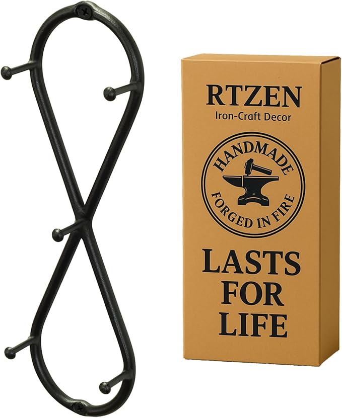 RTZEN Farmhouse Small Key Holder for Wall - Handcrafted Swirl Decorative 5 Key Hooks for Home Entryway - Wrought Iron Wall Mount Rack Purse Coat and Leash Holder or Organizer (Infinity Black)