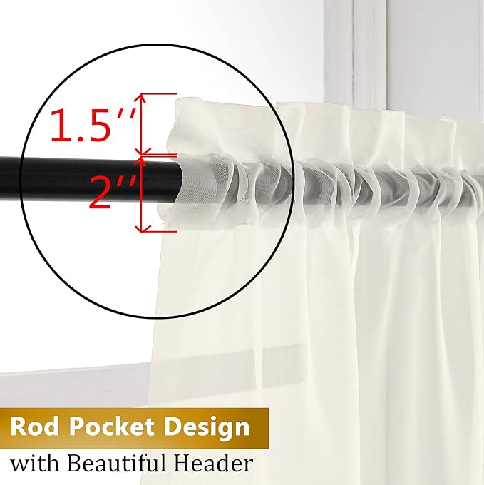 Aiyufneg Ivory Sheer Valance for Window Curtains 24 Inch Length, Light Filtering Kitchen Valances, Small Voile Sheer Curtains for Living Room/Bathroom/Basement, Dual Rod Pocket, 2PCS, 40W x 24L Inch