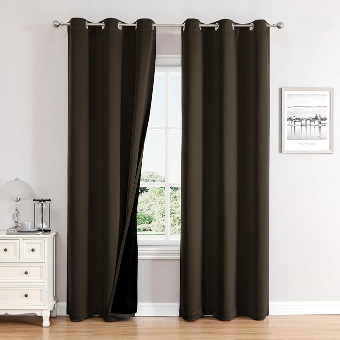 ChrisDowa 100% Blackout Curtains 84 inch Long for Bedroom with Black Liner, 2 Thick Layers Total Blackout Thermal Insulated Grommet Window Curtains 2 Panels Set (Brown, 38 x 84 Inch)