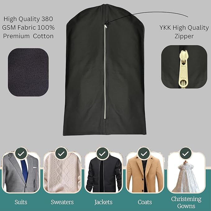 Garment Bag for Hanging Clothes – Organic Cotton Suit & Coat Cover with Zipper | Breathable Closet Organizer for Travel & Storage (X-Large (24"x60"), Black)