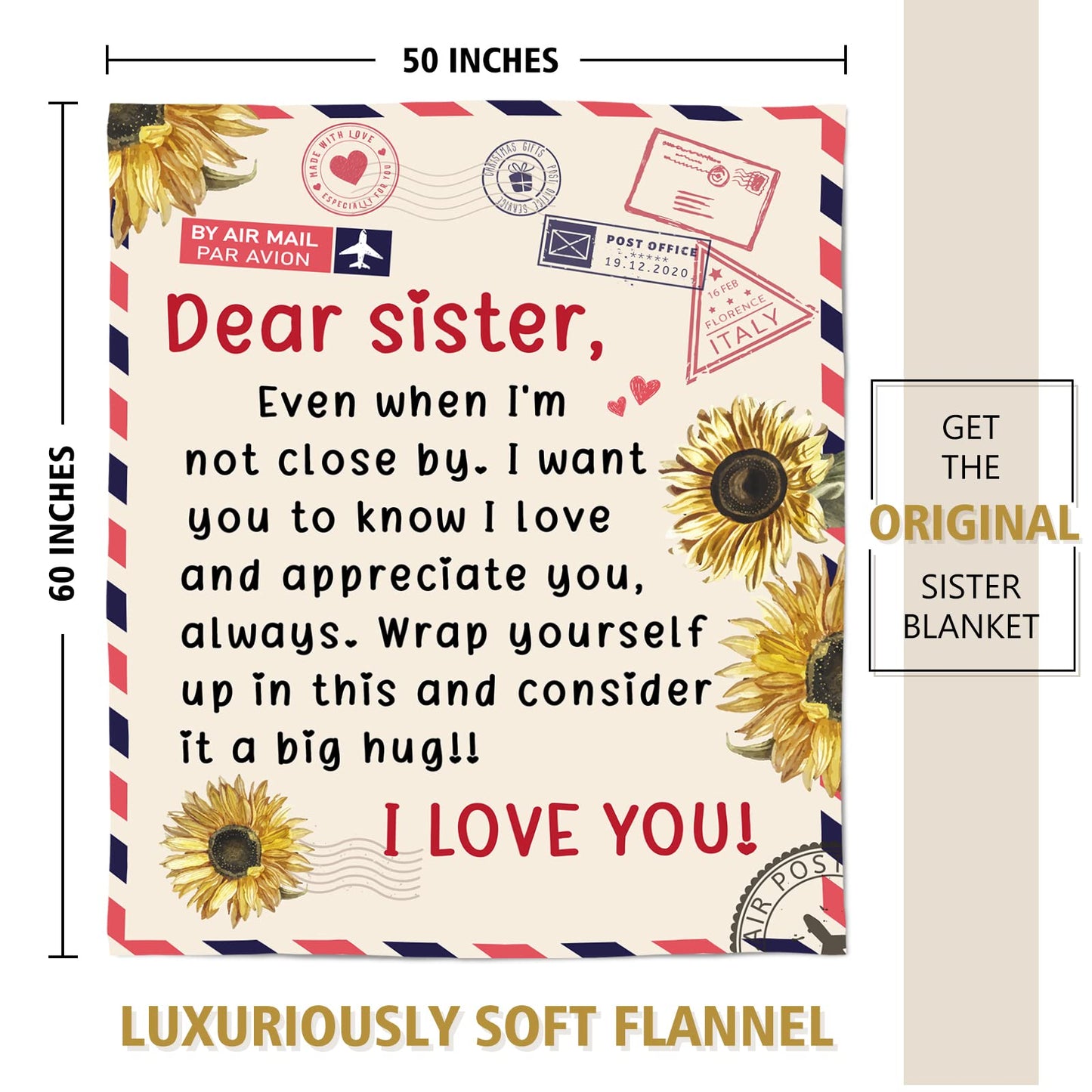 Niyewsor Sister Birthday Gifts, Sister Gifts Blanket, Sisters Gift from Sis, Present for Sisters on Mothers Day, Christmas, Dear Sis Airmail Throw Blanket, 60" * 50"