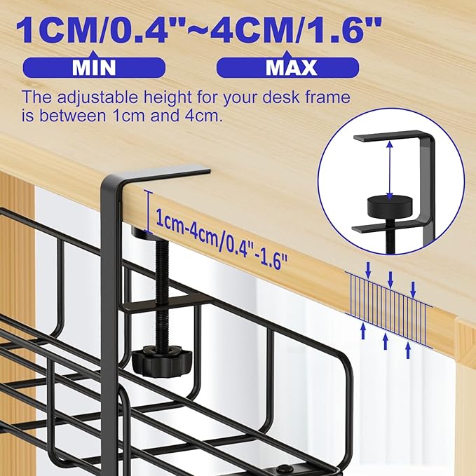 15.7” Under Desk Cable Management Tray, No Drill Steel Cable Tray Organizers, Wire Management Tray Cable Rack with Clamp Mount, Metal Under Desk Tray with Wire and Cord Organizer (Black, 1 Pack)