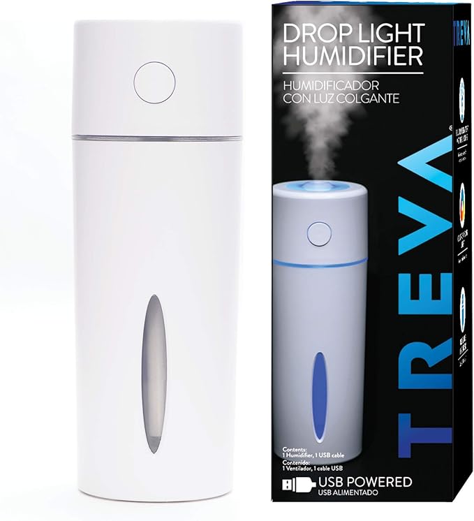 Treva Portable Mini Humidifier 150 ml Capacity, Cool Mist Ultrasonic Humidifier with Colored Light, USB Powered, Whisper Quiet with 2 Misting Modes